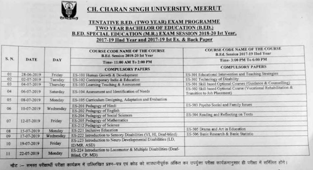 CCSU B.Ed Time Table 2020 Year 1/2 Exam Dates, Admit Card