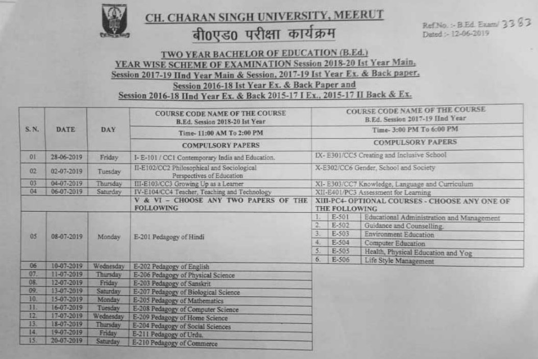 CCSU B.Ed Time Table 2020 Year 1/2 Exam Dates, Admit Card