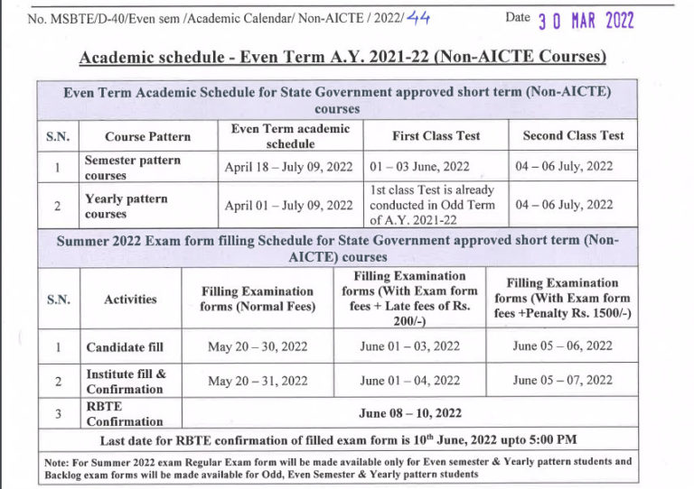 MSBTE Time Table Summer 2023 Maha Diploma 2/4/6 Sem Exam Dates