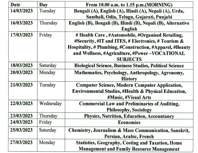 WB HS Exam Routine 2024 West Bengal WBCHSE 12th Exam Dates